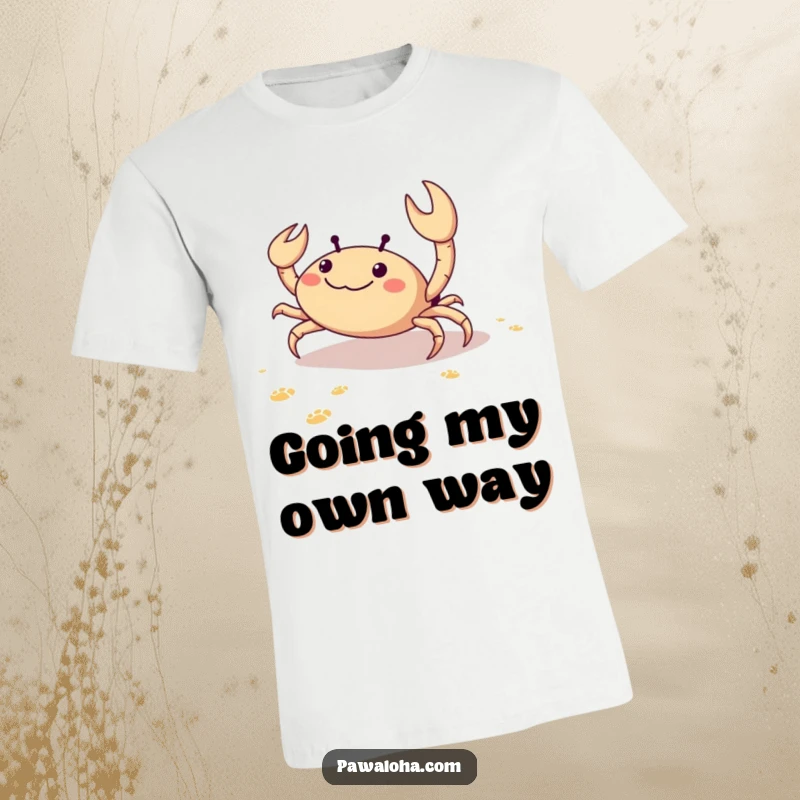 Funny t-shirt with a delighted crab scuttling sideways on the sand, leaving a trail of tiny footprints, expressing pure happiness.