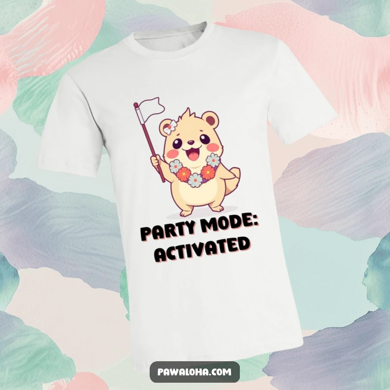 Funny t-shirt showcasing a happy creature adorned with a lei, enthusiastically waving a small flag in a festive tropical mood.