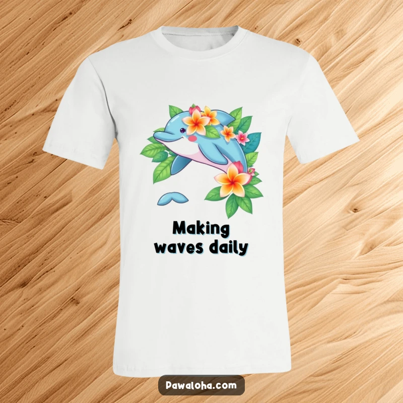 Playful dolphin character leaping joyfully, adorned with colorful tropical flowers on a fun t-shirt.