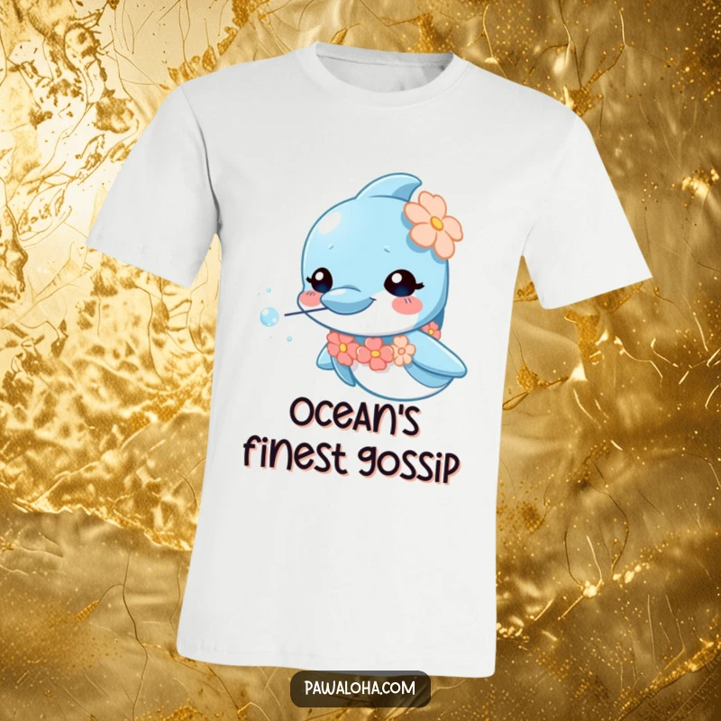 Funny dolphin t-shirt wearing a mini lei, blowing sparkly bubbles, depicting a curious and joyful sea mammal, great gift.