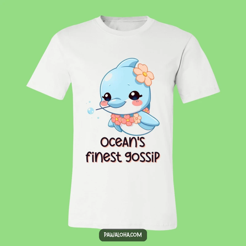 Funny Dolphin Lei T-Shirt: Cute dolphin blowing sparkly bubbles, a hilarious and tropical funny gift for her.