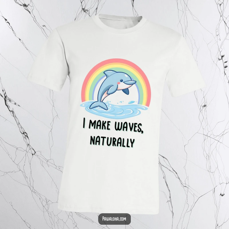 Funny Dolphin T-Shirt featuring a friendly dolphin leaping from water with a beautiful rainbow overhead, evoking joy.