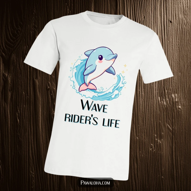 Funny dolphin character mid-leap through a sparkling wave on a t-shirt, symbolizing freedom and aquatic adventure.
