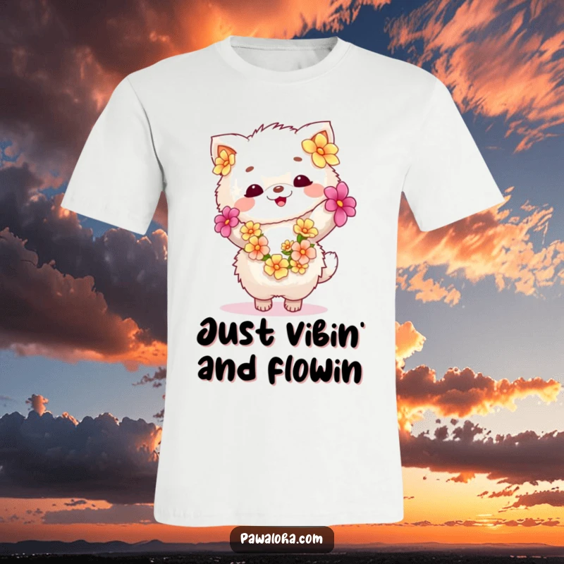 Funny fluffy animal wearing a flower lei, dancing with pure ecstasy on a T-shirt. Expresses uninhibited joy and tropical fun.