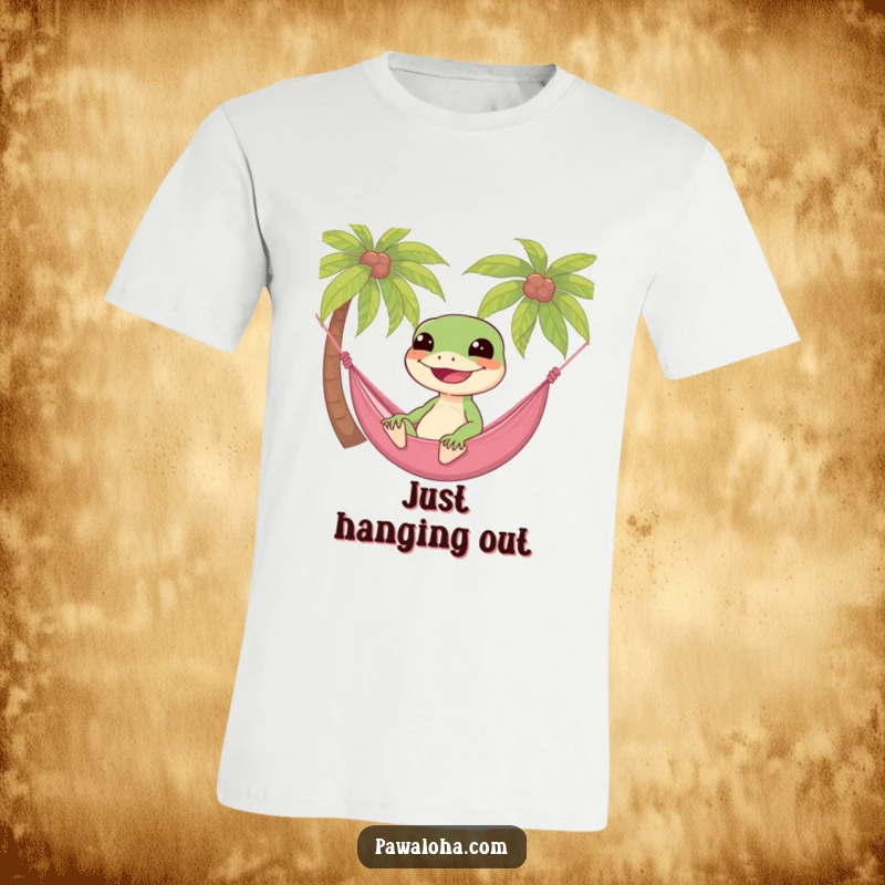 Funny gecko relaxing in a hammock between palm trees, a humorous tropical scene on this soft t-shirt.