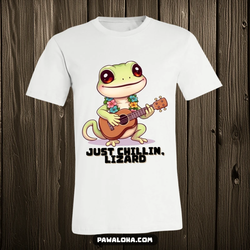 Funny Gecko T-Shirt of a smiling gecko in a lei playing a ukulele, humorous apparel for music lovers.