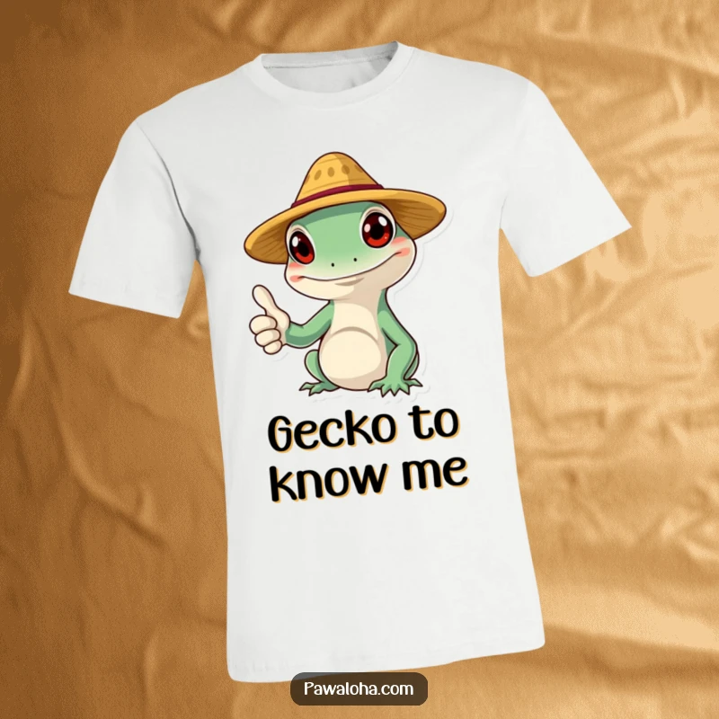 Funny gecko t-shirt featuring a smiling character wearing a tiny straw hat and giving a thumbs up, perfect for casual wear.