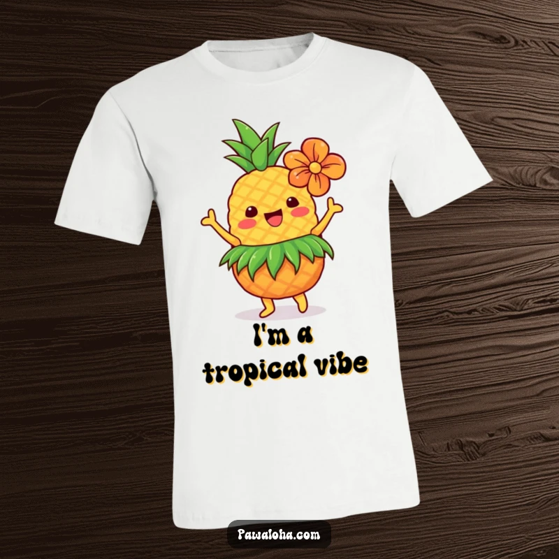 Funny pineapple character wearing a grass skirt and flower, dancing joyfully on a t-shirt, radiating tropical fun.