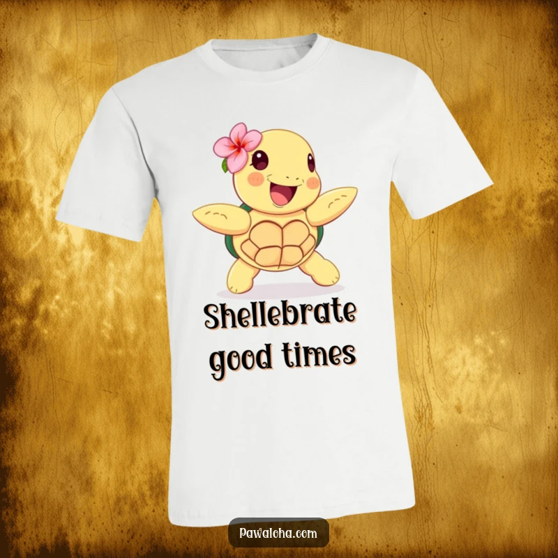 Funny t-shirt depicting a happy sea turtle with a flower behind its ear, energetically doing a hula dance with a huge smile.