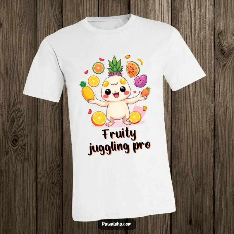 Funny creature juggling bright tropical fruits with cheerful energy on a T-shirt. Displays high energy and colorful dexterity.