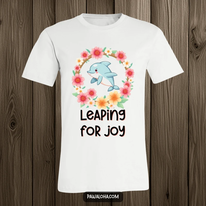 Funny Kawaii dolphin joyfully leaping through a flower hoop, printed on a fun and stylish t-shirt.