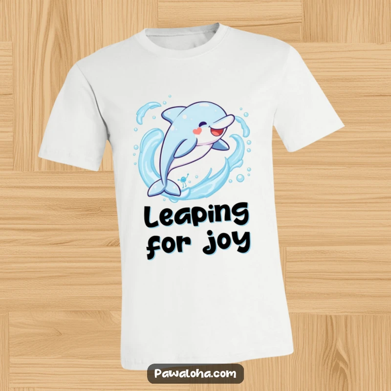 Funny Kawaii dolphin t-shirt, a cute character leaping joyfully through ocean waves, capturing pure aquatic happiness.