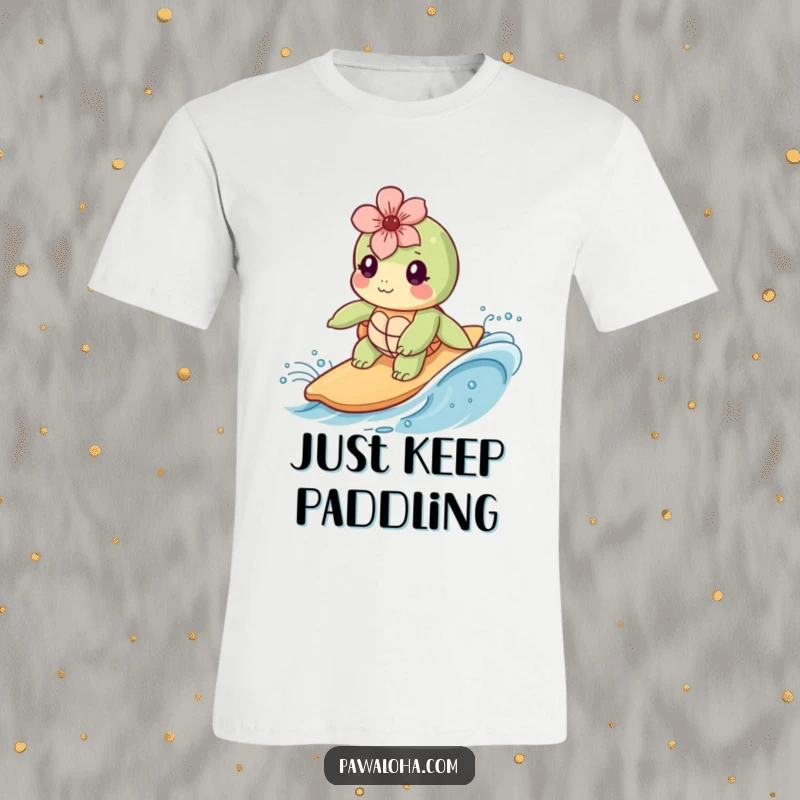 Funny Kawaii sea turtle with a flower behind its ear surfing a gentle wave on a stylish t-shirt.
