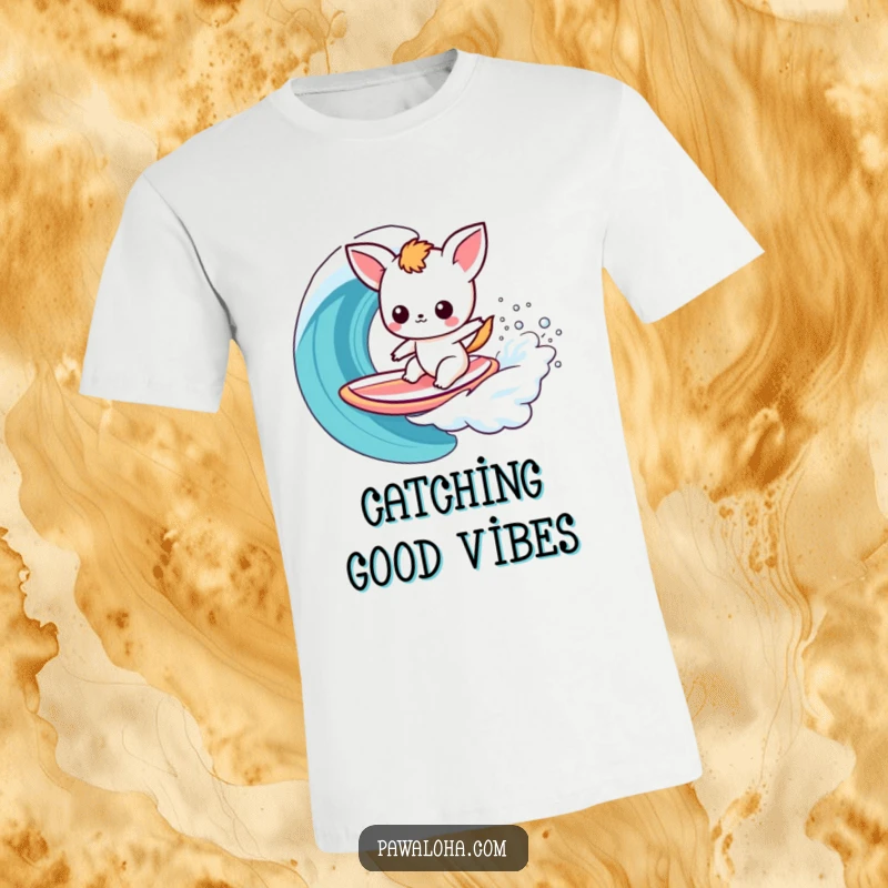 Funny Kawaii Surfer Animal T-Shirt: Adorable cartoon character surfing on a surfboard through a spectacular rainbow wave, radiating joy.