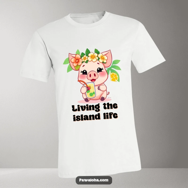 Funny pig t-shirt featuring a happy pig with a flower crown enjoying a tropical drink, perfect for vacation vibes.