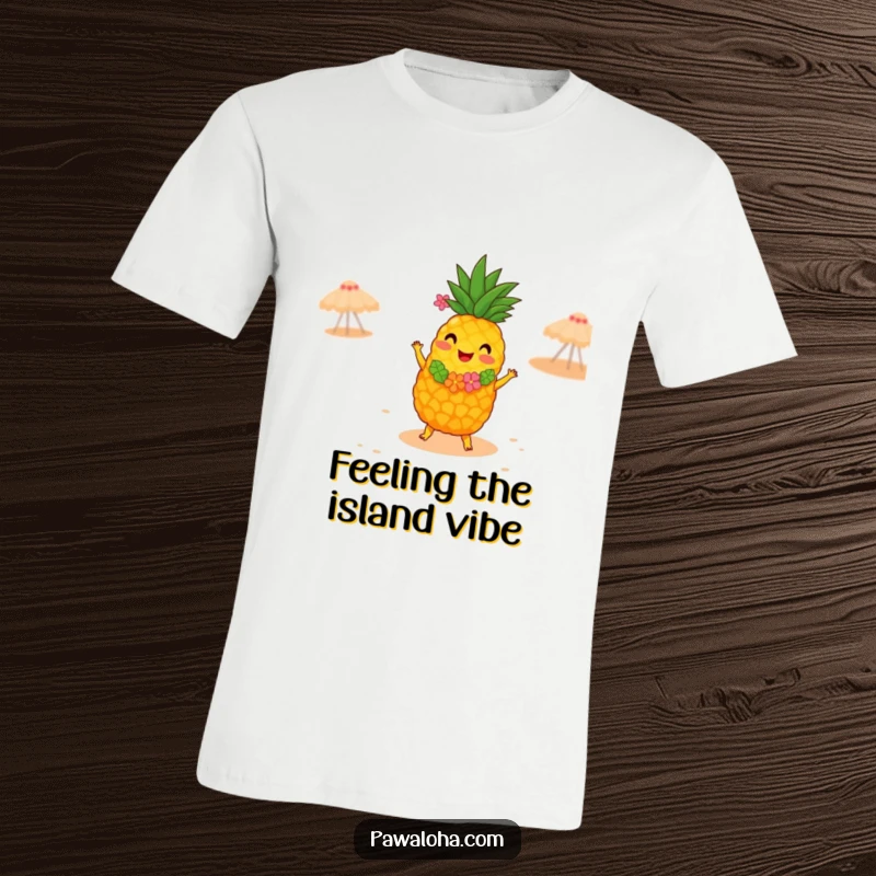 Funny t-shirt with a joyful pineapple wearing a lei, performing a lively hula dance on a sandy beach with a beaming, happy expression.