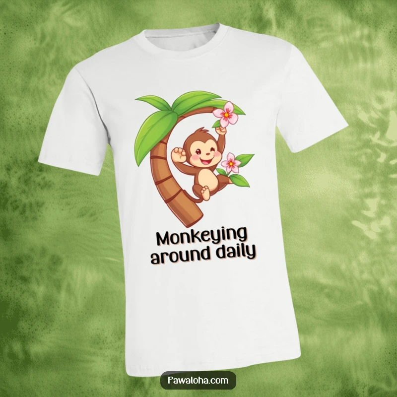 Funny T-Shirt depicting a playful monkey swinging from a palm tree, holding a flower, embodying pure jungle joy and mischief.