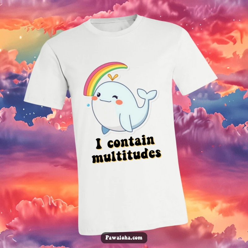 Funny whale t-shirt, a happy whale spouting a bright rainbow, celebrating joy and color.