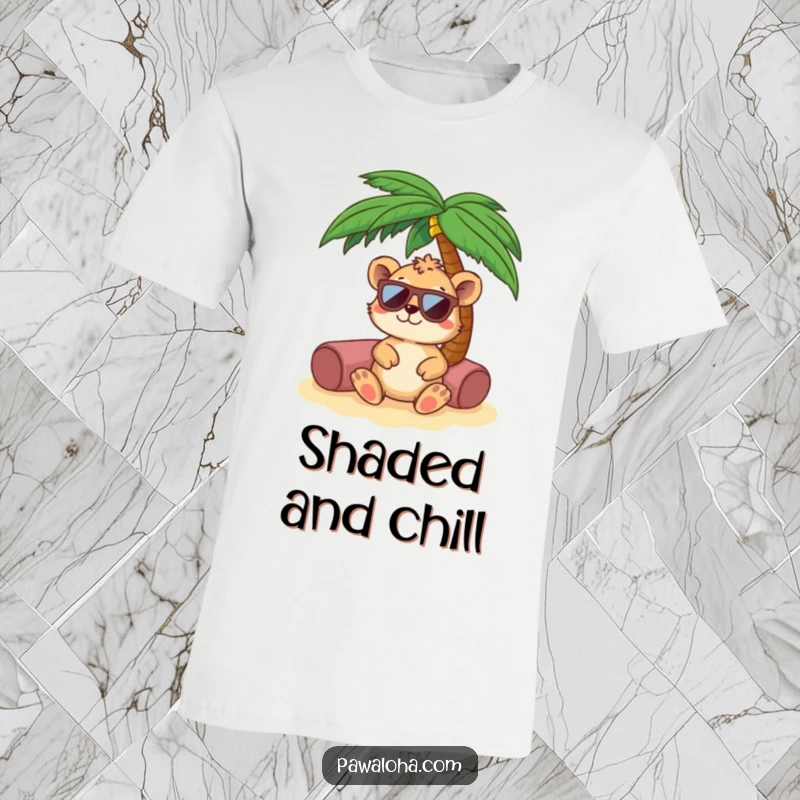 Funny animal in sunglasses relaxing under a palm tree on a T-shirt. Expresses a carefree and stylish vacation mood.