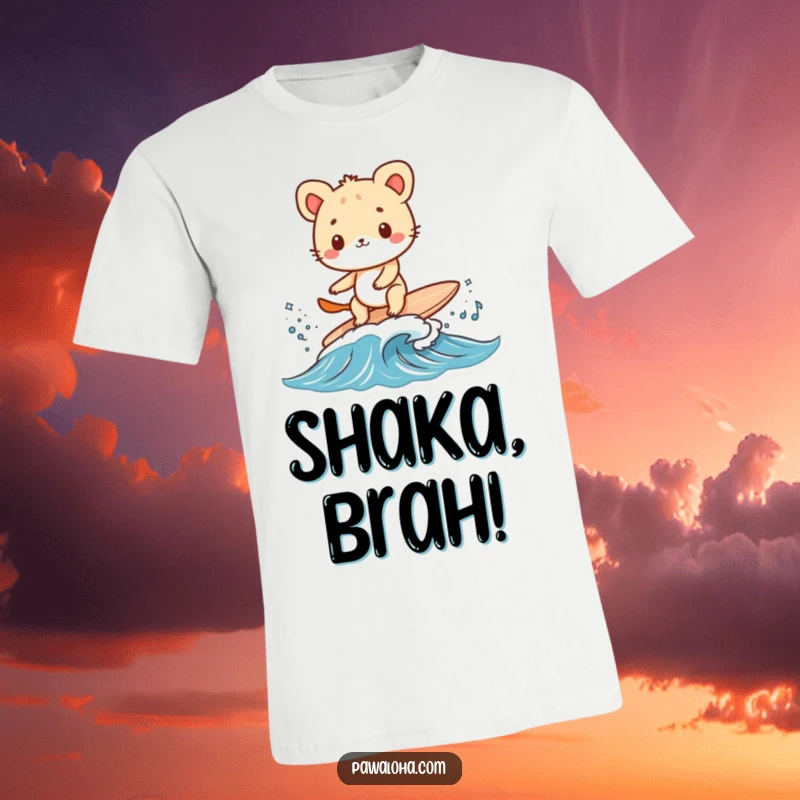 Funny animal character balancing on a tiny surfboard, riding a small wave on a T-shirt. Evokes playful beach vibes.