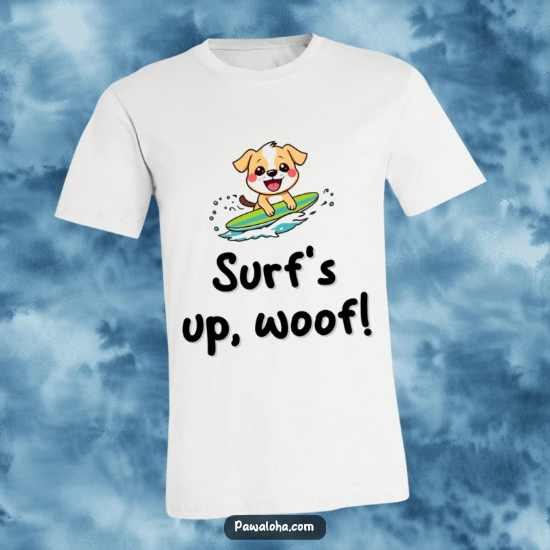Funny T-Shirt depicting a grinning dog character expertly riding a small wave, exuding a joyful and adventurous surf vibe.