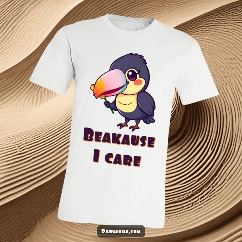 Funny Toucan T-Shirt showcasing a cheerful toucan with a striking, colorful beak, holding a flower petal.