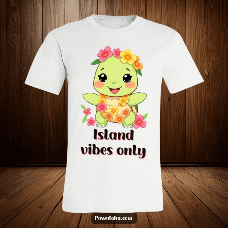 Funny turtle t-shirt featuring a happy character wearing a floral lei and necklace, embodying joyful island life. Perfect gift.