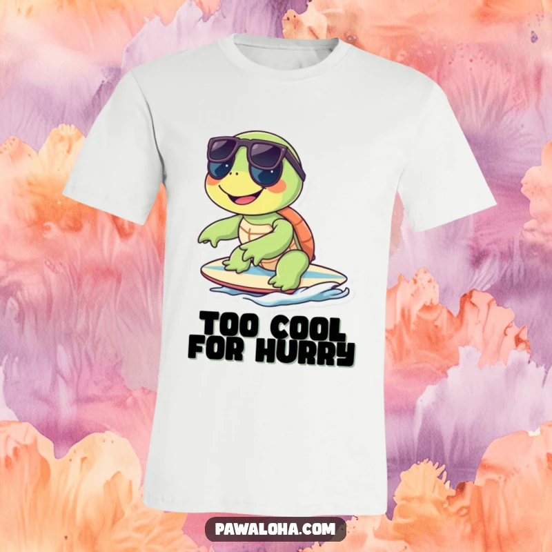 Funny turtle character wearing sunglasses and surfing on a small board, looking effortlessly cool on a t-shirt.