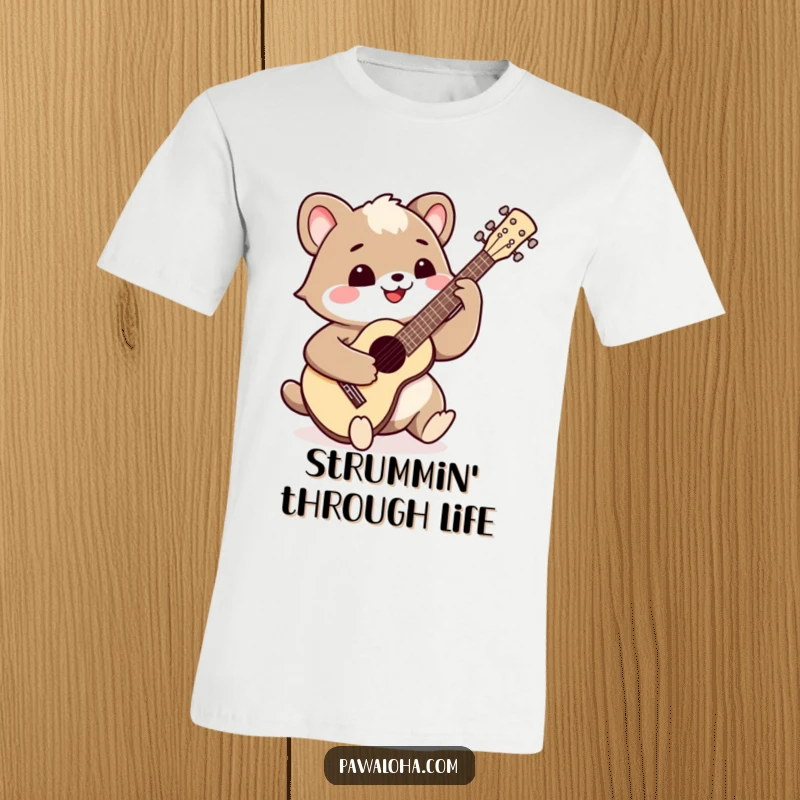 Funny smiling animal playing a ukulele on a T-shirt. Embodies happiness and a carefree musical spirit.