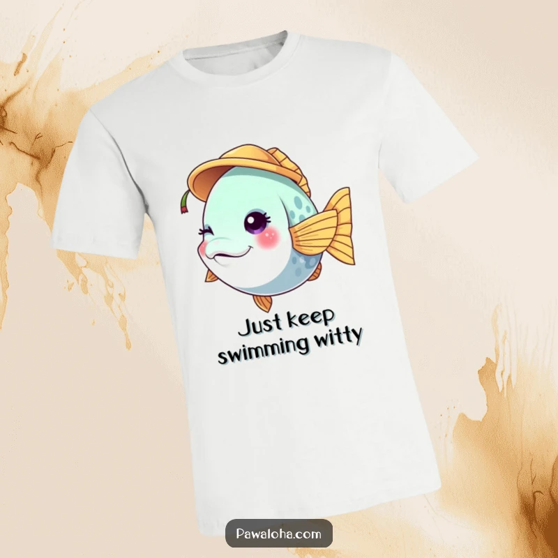 Funny vibrant fish character t-shirt winking while wearing a tiny coconut hat, perfect for sunny, tropical days.