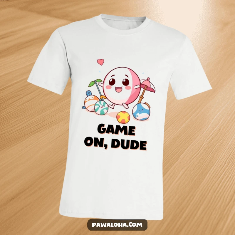 Funny beach ball t-shirt featuring a playful character bouncing with a group of beach toys, perfect for summer outings.
