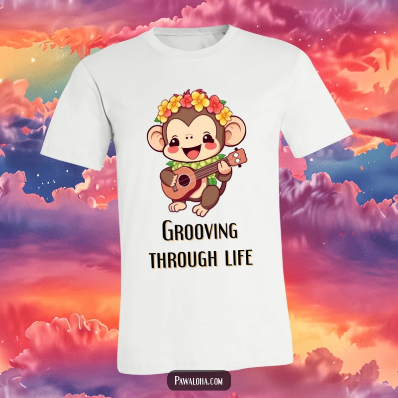 Funny Kawaii monkey t-shirt depicting a cheerful character in a lei strumming a ukulele, embodying happy tropical vibes and playful humor.