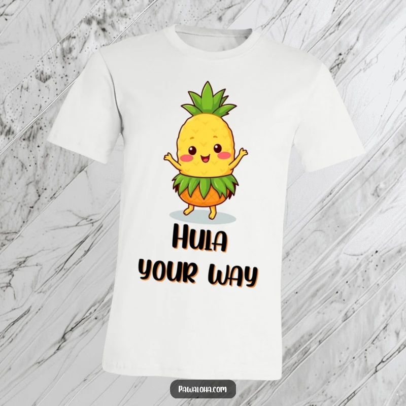 Funny Kawaii pineapple in a grass skirt, dancing happily on a t-shirt, perfect for summer and parties.