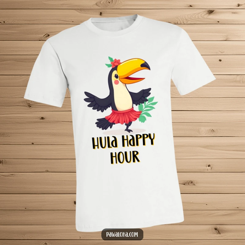 Funny toucan character wearing a vibrant hula skirt, dancing joyfully on a t-shirt, symbolizing tropical celebration and fun.