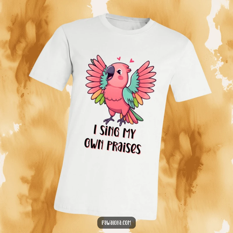 Funny Parrot T-Shirt showcasing a vibrant parrot with wings spread, captured mid-song with a delightful expression.