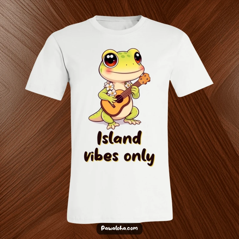 Funny Kawaii Gecko T-Shirt: Cute gecko in a lei playing a ukulele, showcasing a funny tropical music theme.