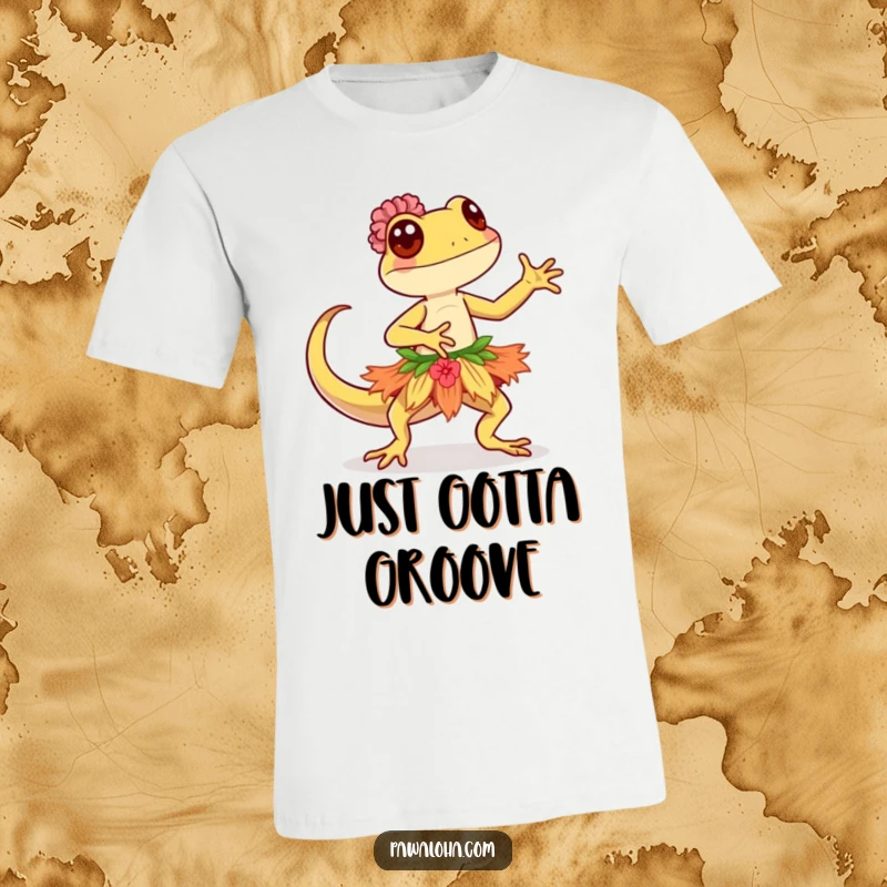 Funny Kawaii gecko in a hula skirt, gracefully dancing, printed on a fun and stylish t-shirt.