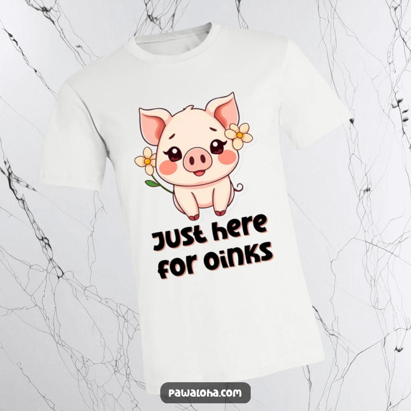Funny Kawaii pig with a flower behind its ear, beaming with happiness on a t-shirt, ideal for casual wear.
