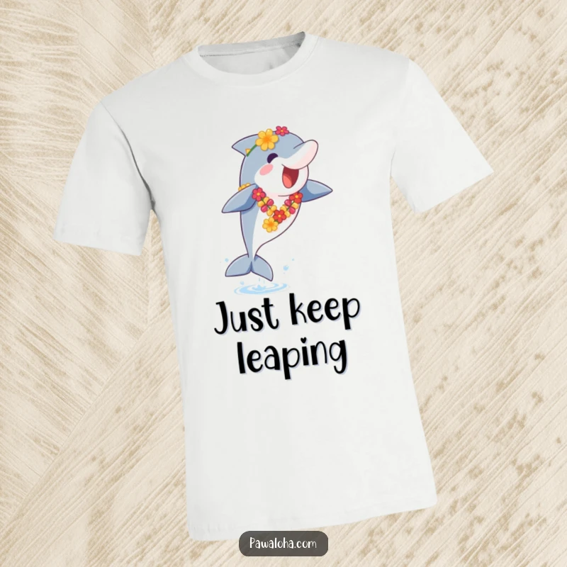 Funny Dolphin T-Shirt: A happy dolphin wearing a lei leaps gracefully from the water, capturing a moment of pure, funny exhilaration.