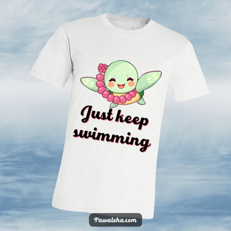 Funny sea turtle wearing a small lei, swimming with pure joy, on a comfortable t-shirt, ideal for beachgoers and ocean enthusiasts.