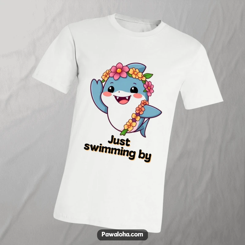 Funny shark t-shirt featuring a friendly shark in a lei waving cheerfully, perfect for beach outings and tropical greetings.