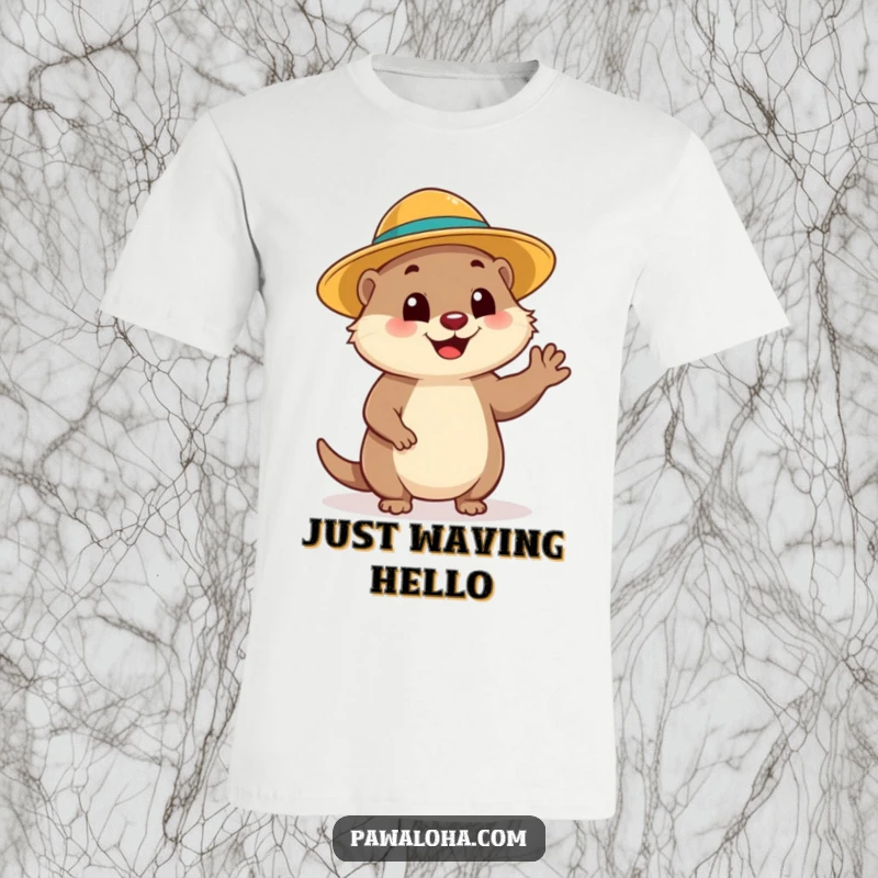 Funny Mongoose Wave T-Shirt: A happy mongoose wearing a sun hat waves hello, showcasing funny, friendly charm.