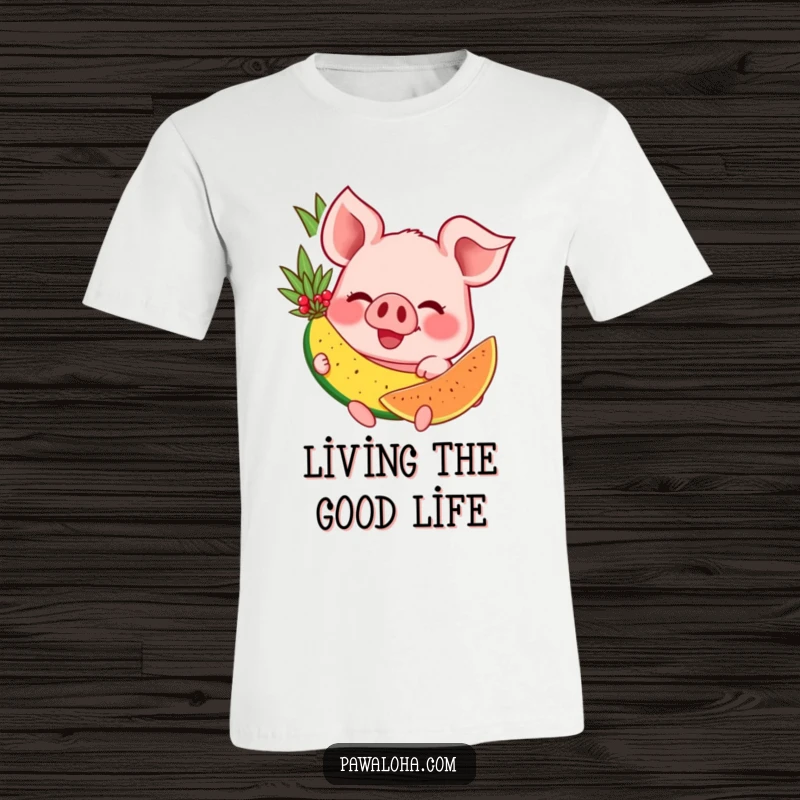Funny t-shirt featuring a joyful pig character with a big grin, enthusiastically eating a colorful tropical fruit.