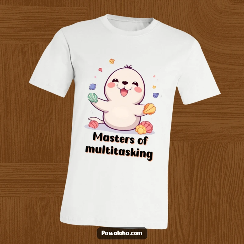Funny t-shirt with a playful seal beaming with joy, expertly juggling colorful seashells in a lively and amusing display of talent.