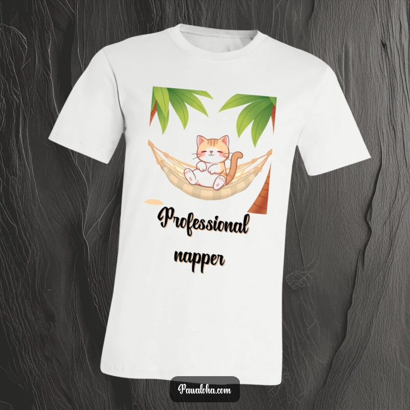 Funny Cat Hammock T-Shirt depicting a cat character blissfully relaxing in a hammock between palm trees. Evokes pure leisure.