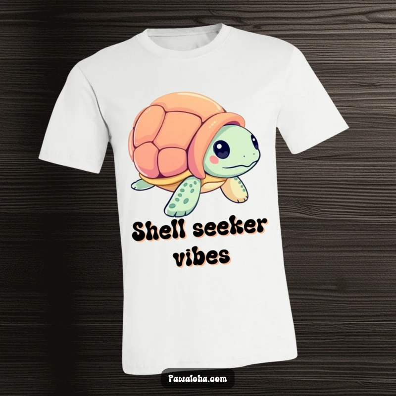 Funny sea turtle character examining a colorful seashell on a t-shirt, symbolizing curiosity and the beauty of the ocean.
