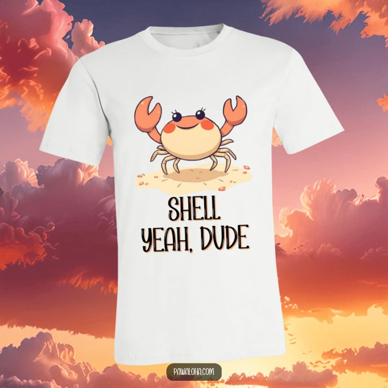 Funny crab t-shirt featuring a cute character joyfully doing a sideways shuffle on the sand, perfect for casual beach wear.