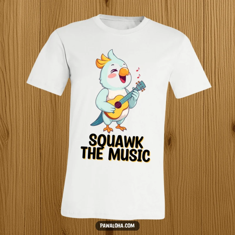 Funny Parrot Ukulele T-Shirt of a happy parrot joyfully singing while holding a small ukulele.