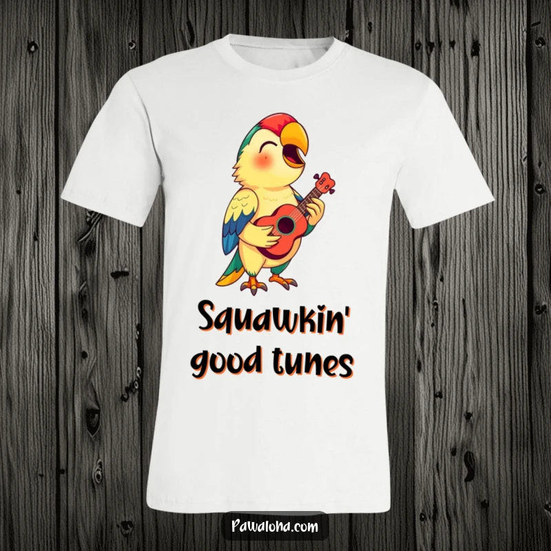 Funny Parrot Ukulele T-Shirt: A colorful parrot holds a tiny ukulele and sings, radiating funny, musical tropical energy.