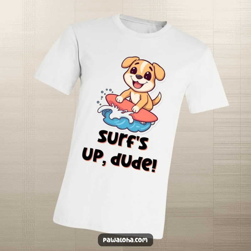 Funny surfing dog t-shirt featuring a character riding a stylized wave with a big grin, expressing humorous beach fun. Perfect gift.